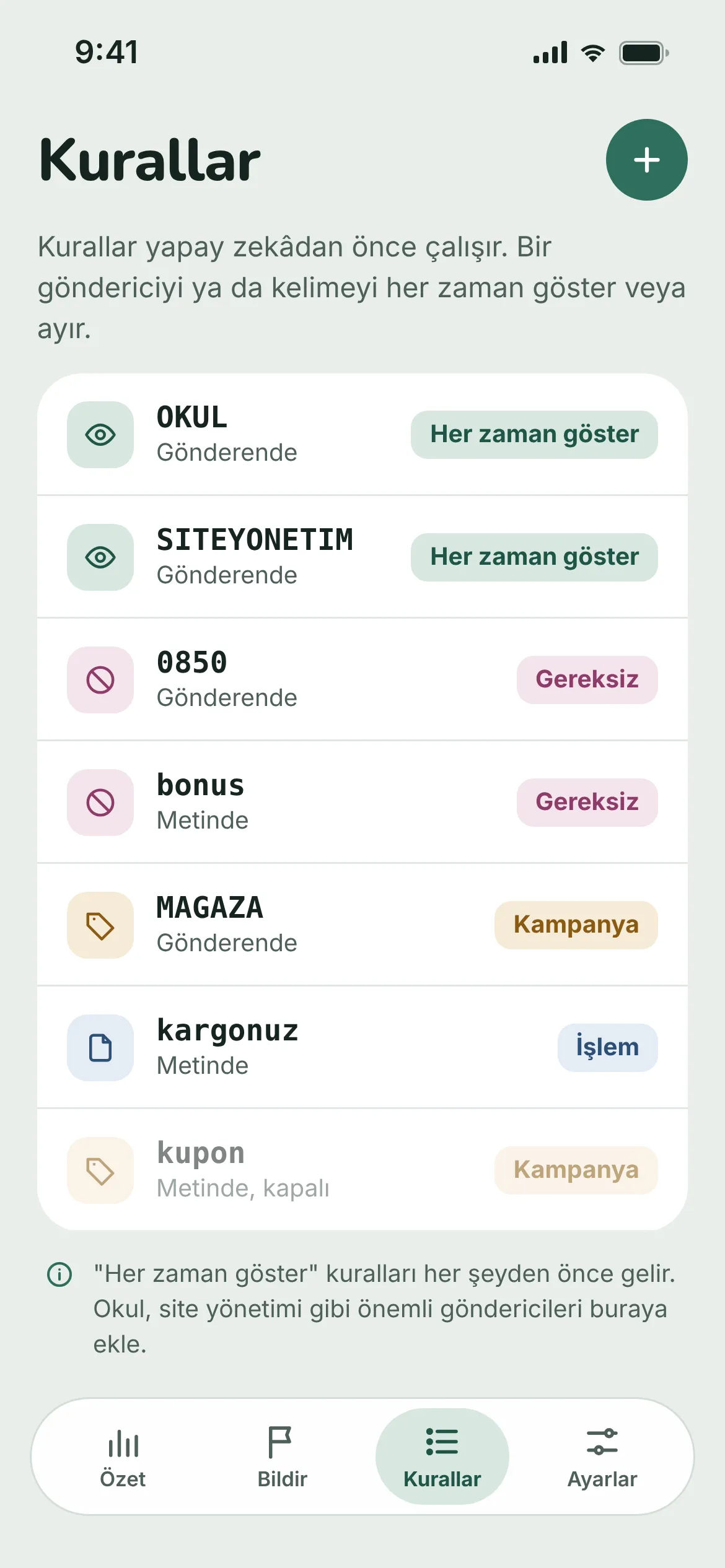 NoNudge Kurallar ekranı