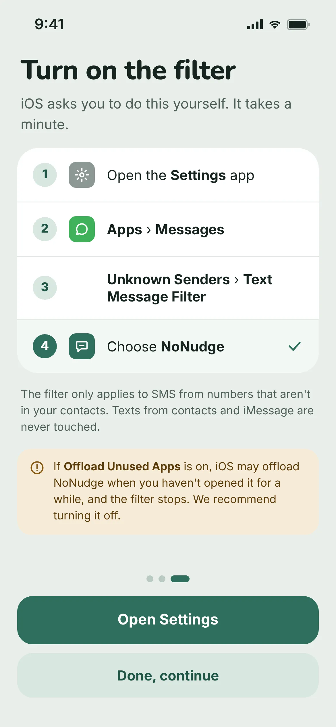 NoNudge setup steps screen
