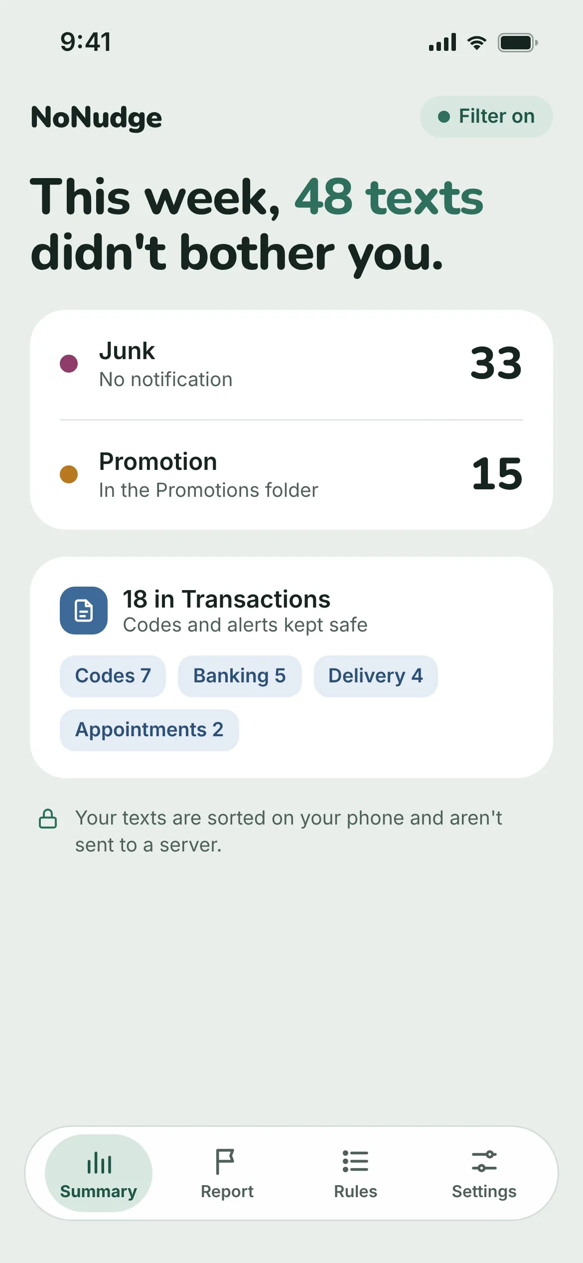 NoNudge Summary screen: how many texts were set aside this week