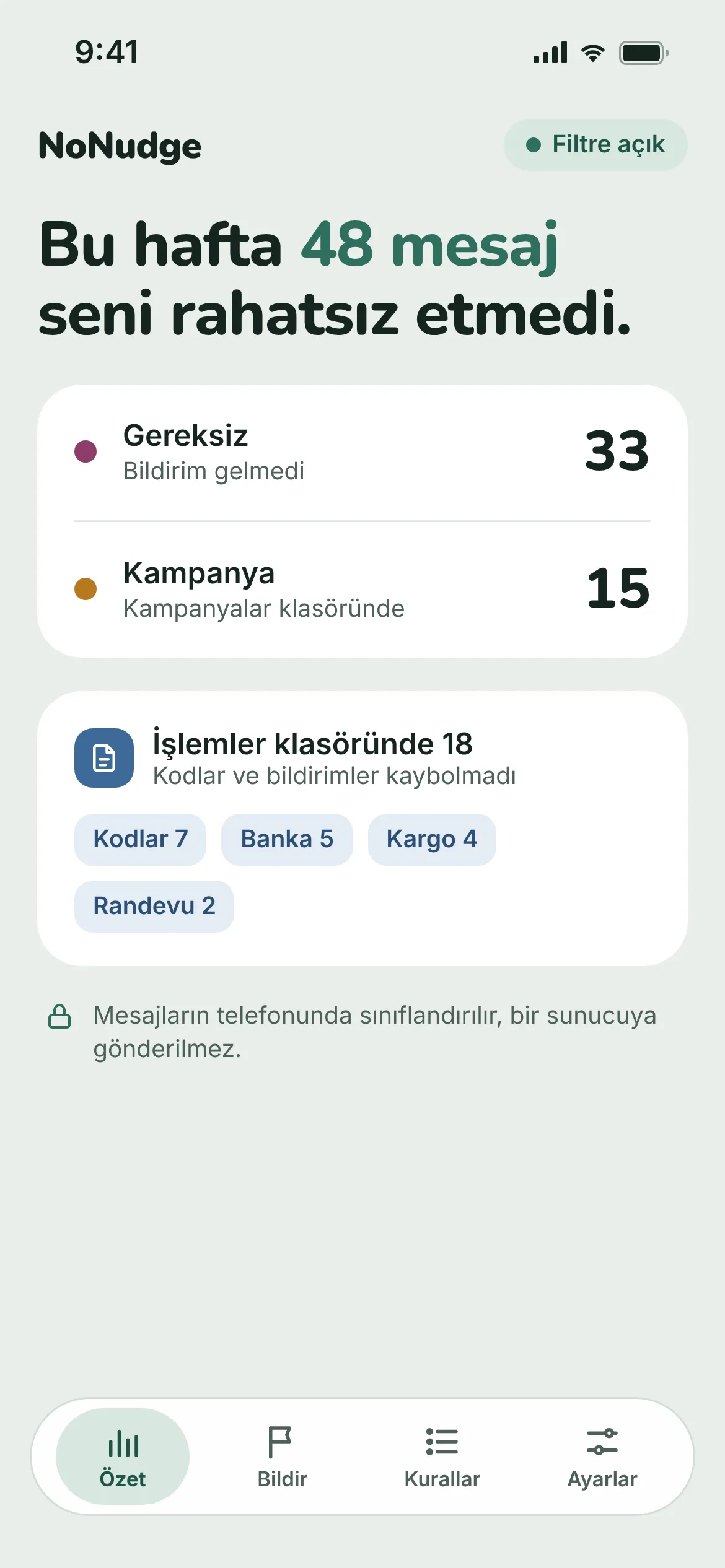 NoNudge Özet ekranı: bu hafta ayrılan mesajların sayısı