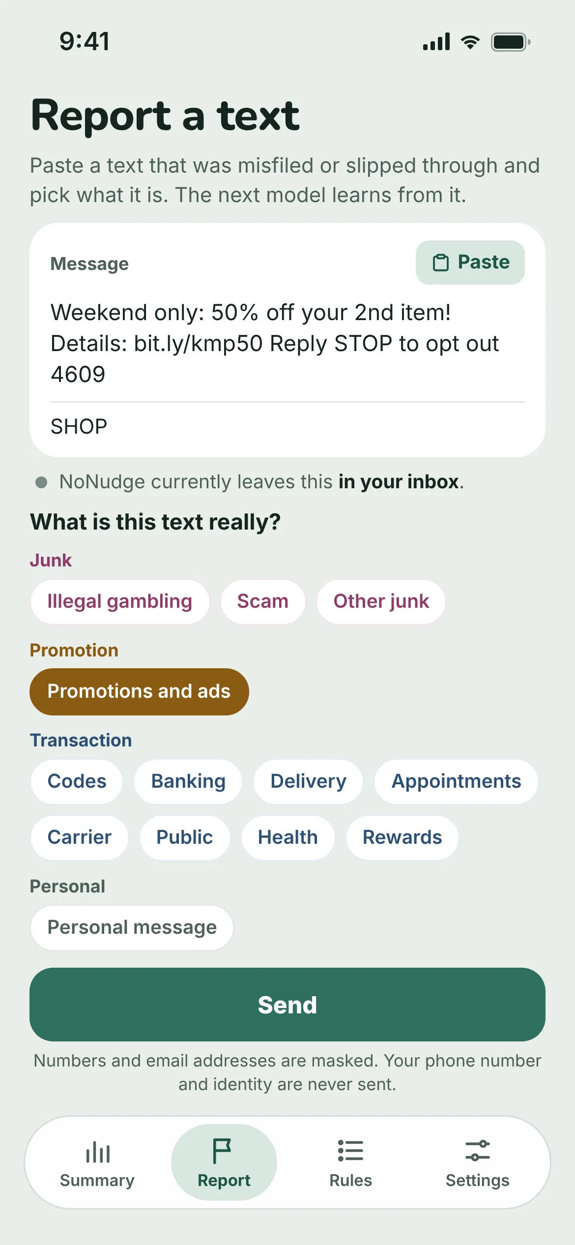NoNudge Report screen: a pasted promotional text and the type options